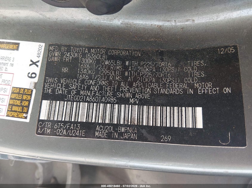 2006 Toyota Highlander VIN JTEGD21A860140985 IAAI salvage auction — UNKNOWN, Clear (Louisiana), sold $2,000 on 2026-07-15 (photo 9)