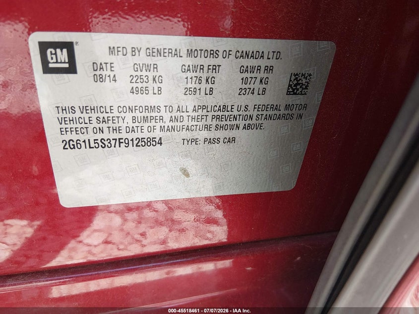 2015 Cadillac Xts VIN 2G61L5S37F9125854 IAAI salvage auction — FRONT END, Salvage (Tennessee), sold $4,050 on 2026-08-01 (photo 9)