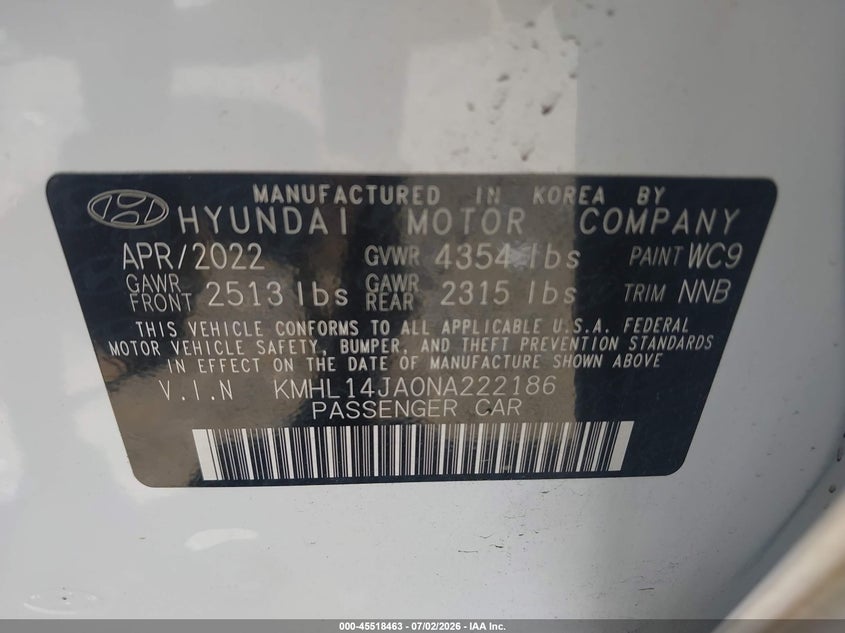2022 Hyundai Sonata VIN KMHL14JA0NA222186 IAAI salvage auction — RIGHT FRONT, Salvage Title, sold $3,700 on 2026-07-24 (photo 9)