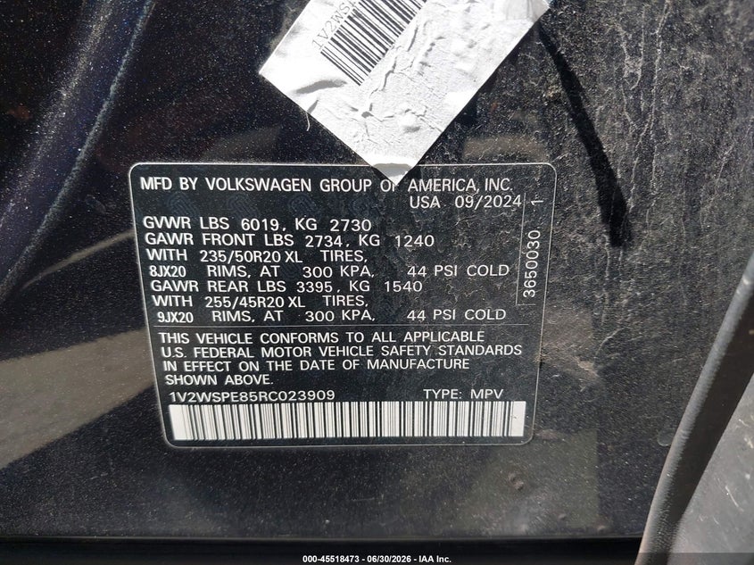 2024 Volkswagen Id.4 VIN 1V2WSPE85RC023909 IAAI salvage auction — HAIL, Salvage (Ohio), sold $17,450 on 2026-08-27 (photo 9)