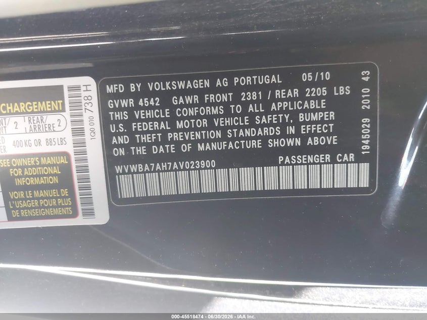 2010 Volkswagen Eos VIN WVWBA7AH7AV023900 IAAI salvage auction — REAR END, Salvage (California), sold $700 on 2026-07-20 (photo 9)