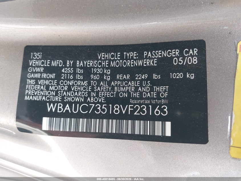2008 BMW 1 series VIN WBAUC73518VF23163 IAAI salvage auction — LEFT FRONT, Salvage (California), sold $2,150 on 2026-07-16 (photo 9)