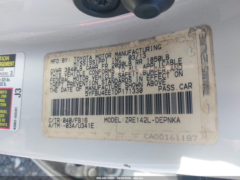 2013 Toyota Corolla VIN 5YFBU4EE1DP171330 IAAI salvage auction — NORMAL WEAR, Clear (New York), sold $1,850 on 2026-07-07 (photo 9)