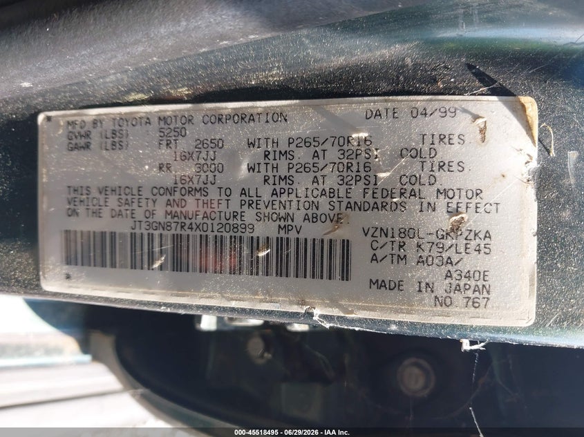 1999 Toyota 4runner VIN JT3GN87R4X0120899 IAAI salvage auction — NORMAL WEAR, Clear (Virginia), sold $2,000 on 2026-07-24 (photo 9)