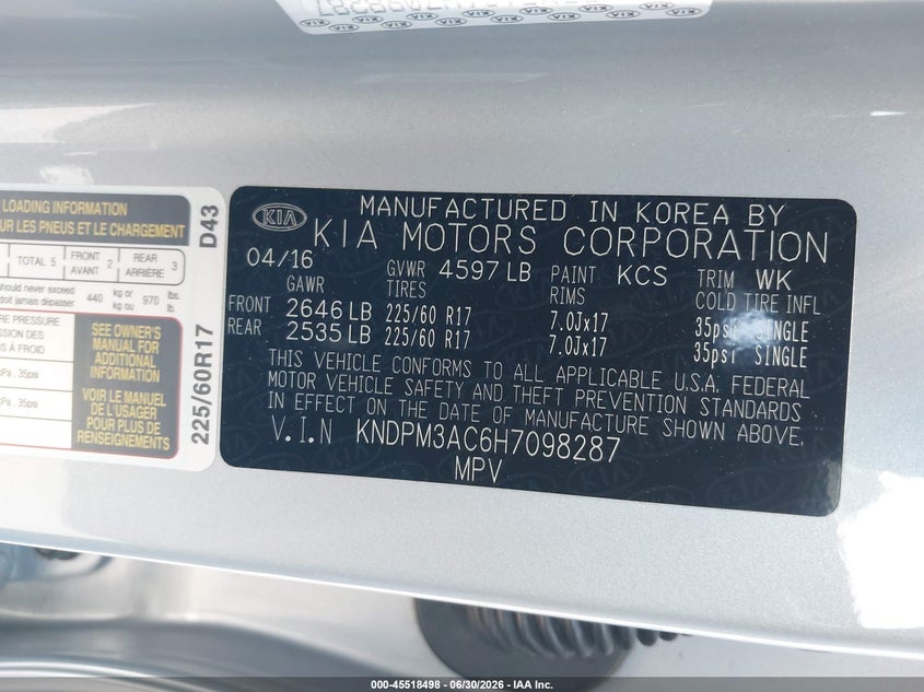 2017 Kia Sportage VIN KNDPM3AC6H7098287 IAAI salvage auction — FRONT END, Salvage Title, sold $3,800 on 2026-07-17 (photo 9)