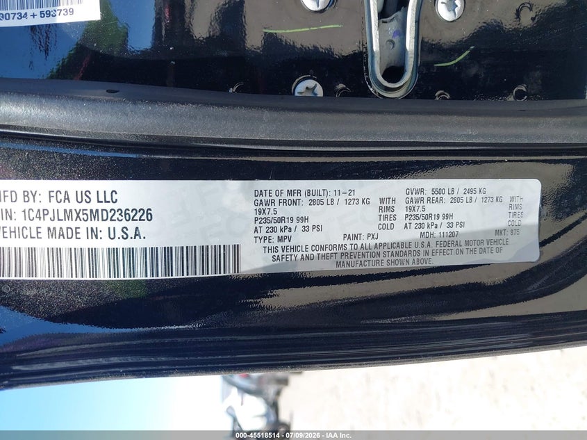 2021 Jeep Cherokee VIN 1C4PJLMX5MD236226 IAAI salvage auction — LEFT FRONT, Salvage Certificate (California), sold $3,400 on 2026-07-31 (photo 9)