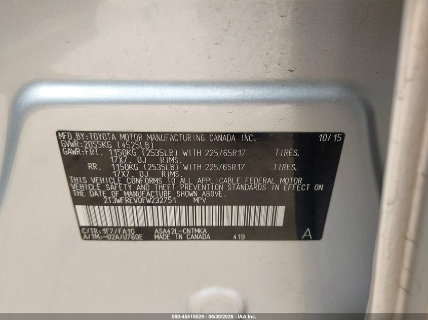 2015 Toyota VIN 2T3WFREV0FW232751 IAAI salvage auction — REAR END, Salvage Title, sold $6,800 on 2026-08-01 (photo 9)