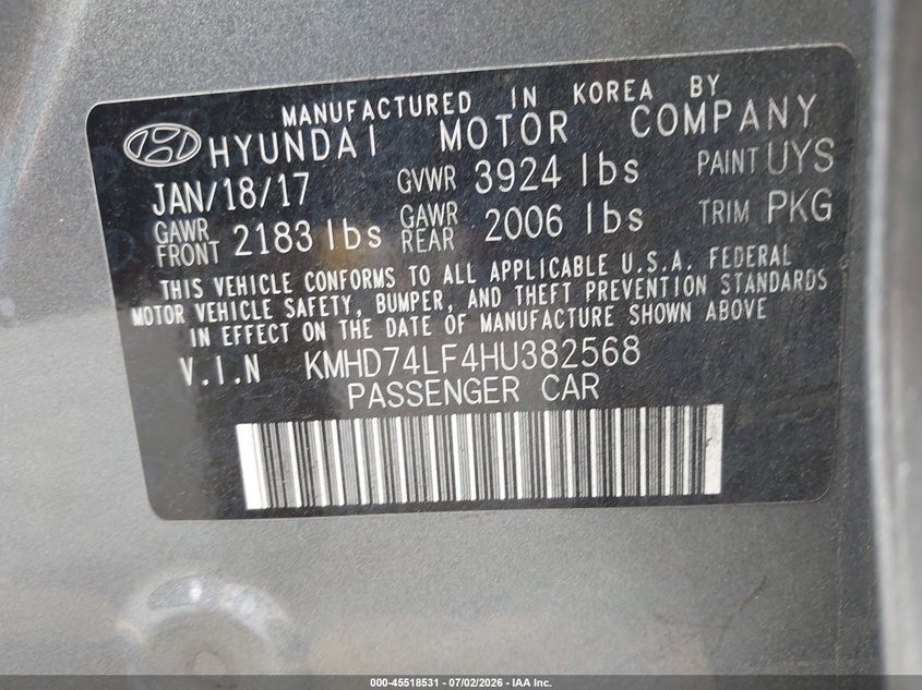 2017 Hyundai Elantra VIN KMHD74LF4HU382568 IAAI salvage auction — REAR END, Salvage (California), sold $1,975 on 2026-07-14 (photo 9)