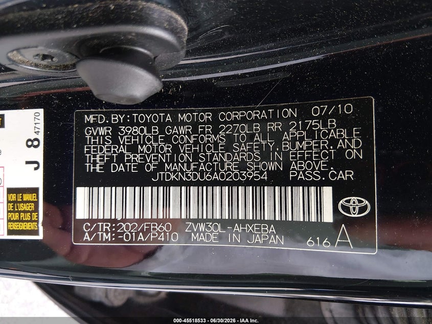 2010 Toyota Prius VIN JTDKN3DU6A0203954 IAAI salvage auction — NORMAL WEAR, Clear (South Carolina), sold $1,300 on 2026-07-15 (photo 9)