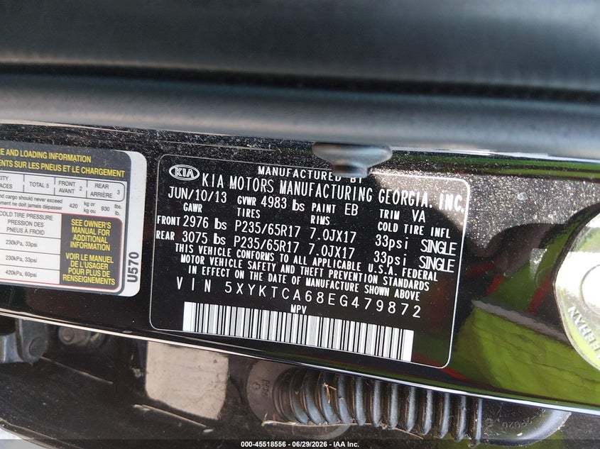 2014 Kia Sorento VIN 5XYKTCA68EG479872 IAAI salvage auction — NORMAL WEAR, Clear (Connecticut), sold $950 on 2026-07-16 (photo 9)
