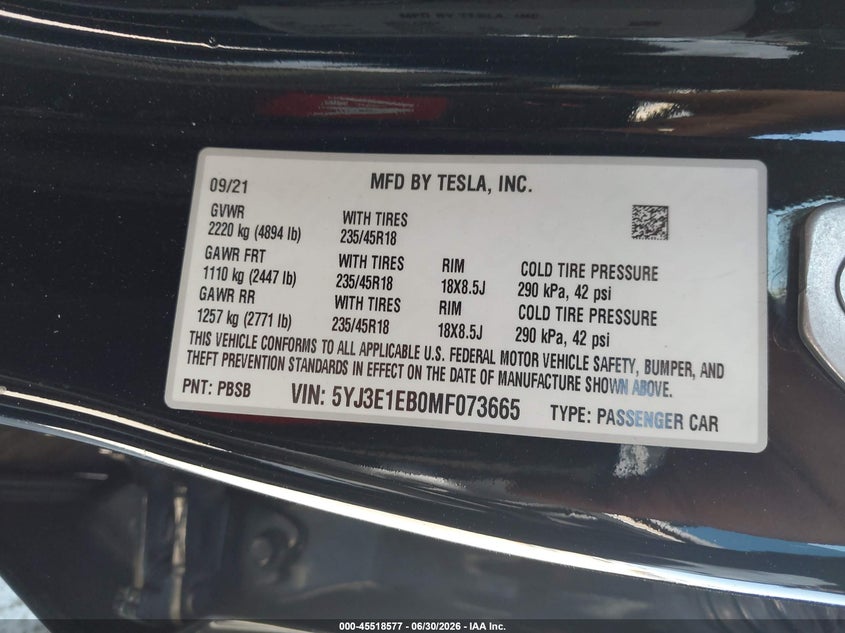 2021 Tesla Model 3 VIN 5YJ3E1EB0MF073665 IAAI salvage auction — REAR END, Salvage (California), sold $10,600 on 2026-07-18 (photo 9)