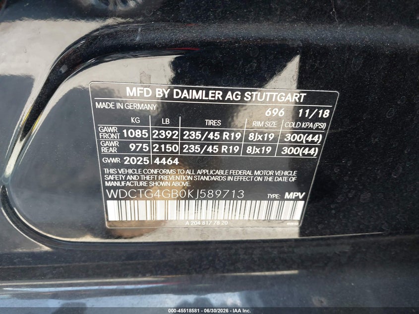 2019 Mercedes-benz Gla-klasse VIN WDCTG4GB0KJ589713 IAAI salvage auction — FRONT END, Salvage Title, sold $5,300 on 2026-08-13 (photo 9)