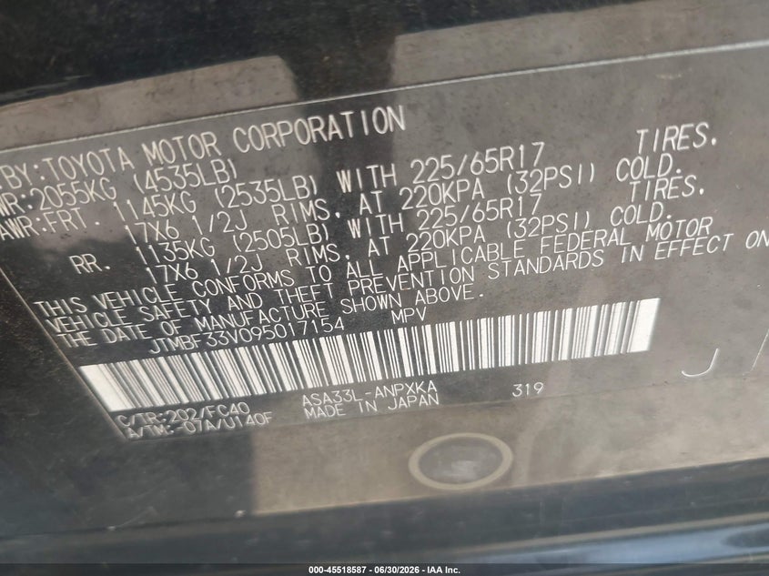 2009 Toyota Rav4 VIN JTMBF33V095017154 IAAI salvage auction — NORMAL WEAR, Clear (Indiana), sold $1,425 on 2026-08-01 (photo 9)