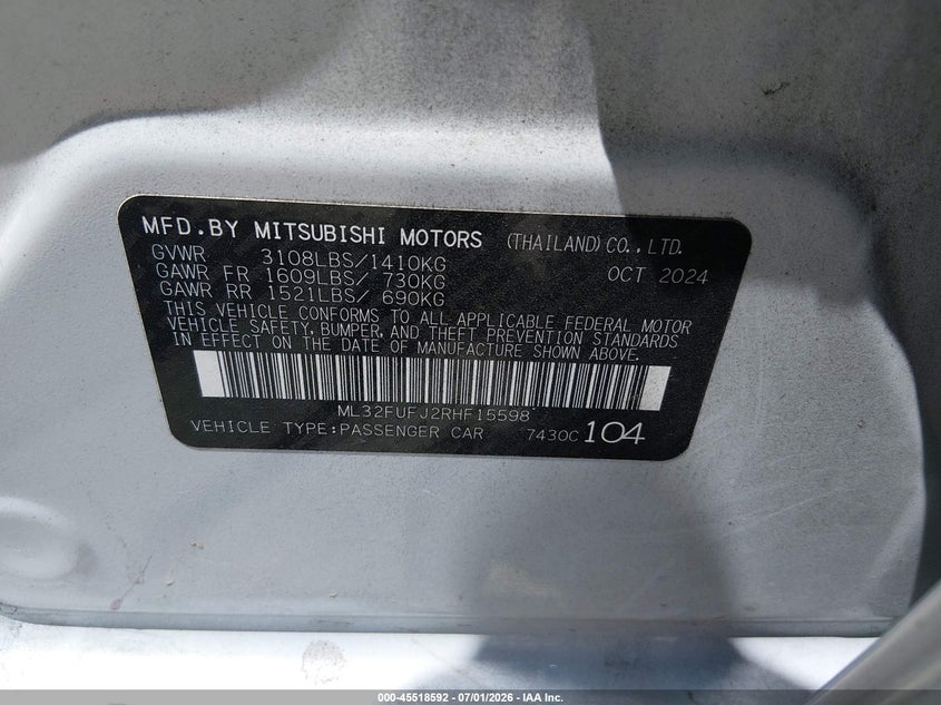 2024 Mitsubishi Mirage VIN ML32FUFJ2RHF15598 IAAI salvage auction — FRONT END, Enterprise Vehicles Clear Only (South Carolina), sold $8,950 on 2026-07-06 (photo 9)
