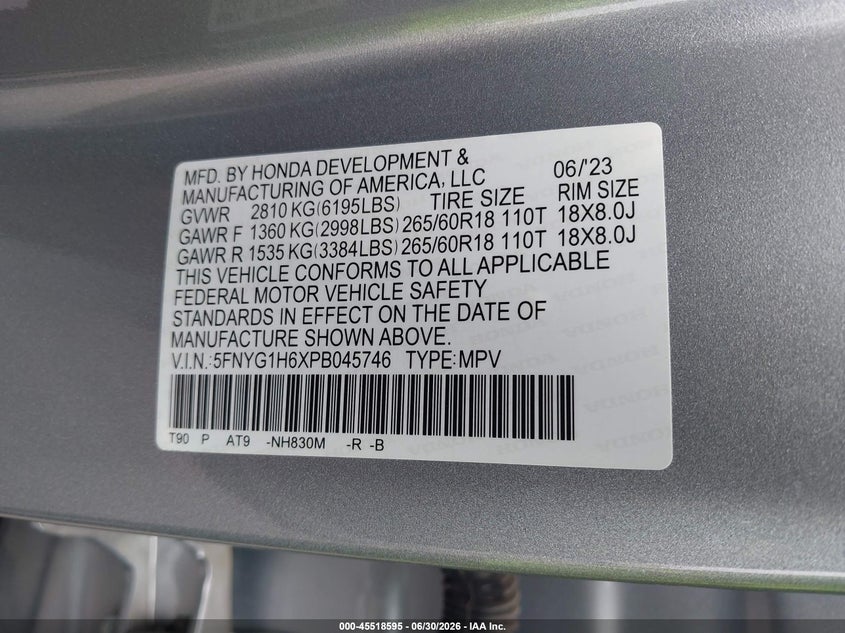 2023 Honda Pilot VIN 5FNYG1H6XPB045746 IAAI salvage auction — RIGHT FRONT, Wait Title, sold $11,750 on 2026-07-31 (photo 9)