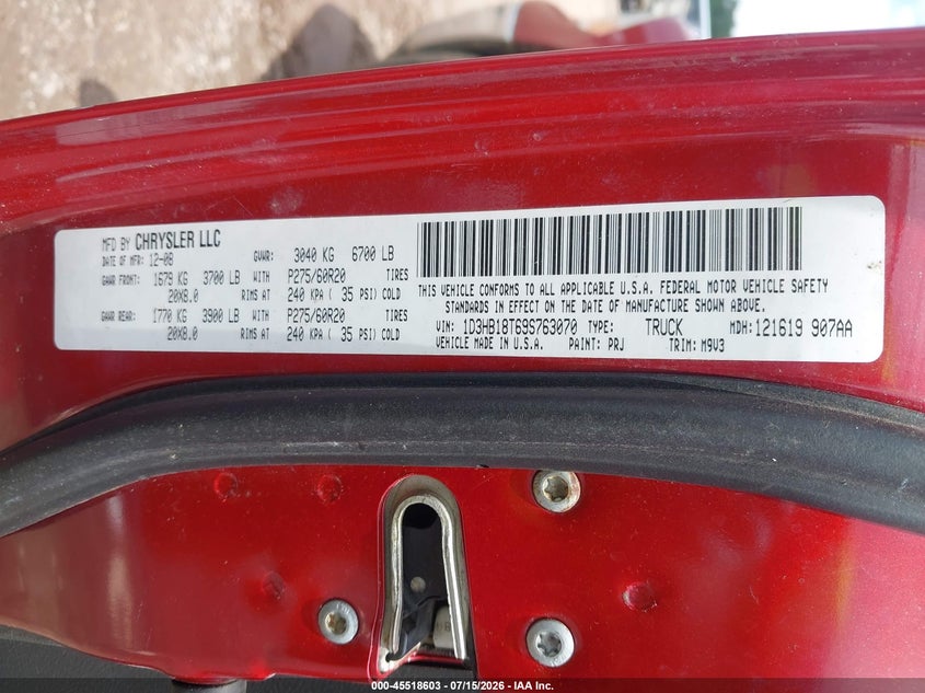 2009 Dodge Ram 1500 VIN 1D3HB18T69S763070 IAAI salvage auction — NORMAL WEAR, Clear (Alabama), sold $1,350 on 2026-08-02 (photo 9)