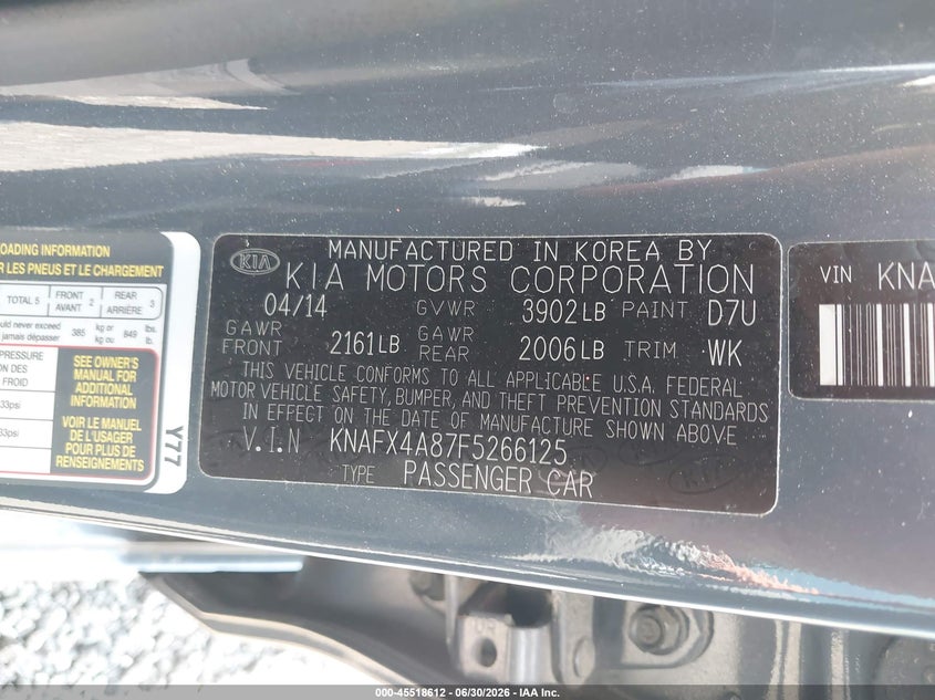2015 Kia Forte VIN KNAFX4A87F5266125 IAAI salvage auction — RIGHT SIDE, Salvage Title, sold $1,500 on 2026-08-01 (photo 9)