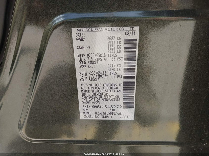 2014 Infiniti Qx60 VIN 5N1AL0MN5EC548272 IAAI salvage auction — RIGHT SIDE, Original (Texas), sold $1,500 on 2026-09-08 (photo 9)