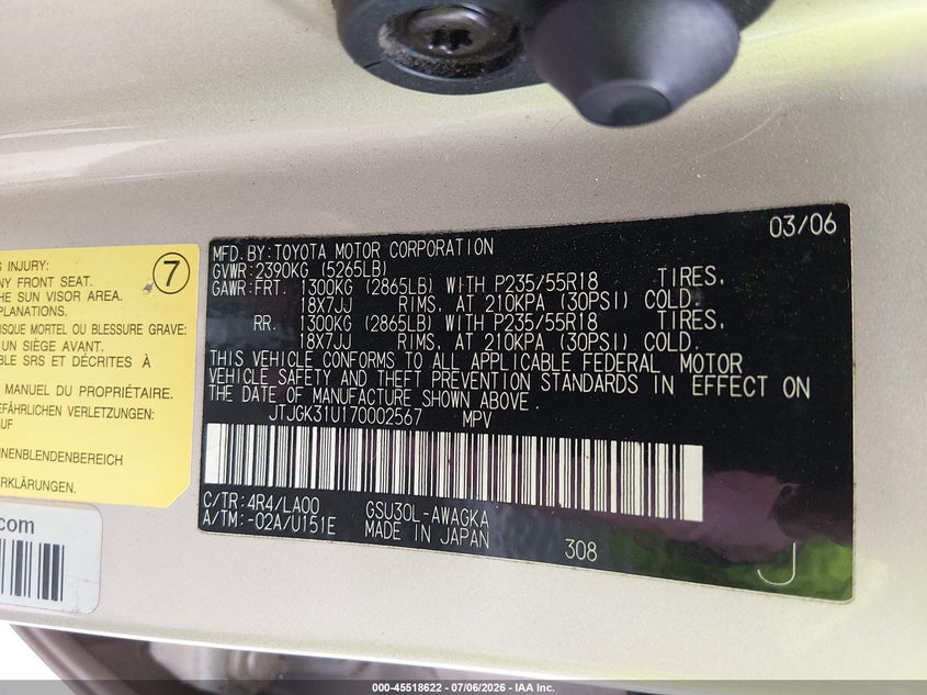 2007 Lexus Rx 350 VIN JTJGK31U170002567 IAAI salvage auction — NORMAL WEAR, Clear (Georgia), sold $1,650 on 2026-07-10 (photo 9)