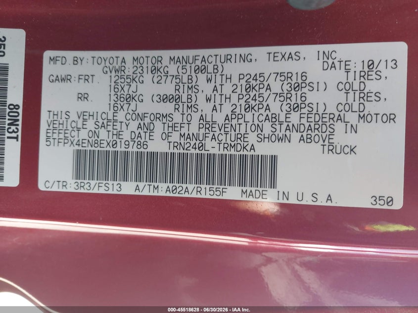2014 Toyota Tacoma VIN 5TFPX4EN8EX019786 IAAI salvage auction — RIGHT SIDE, Salvage Title, sold $8,750 on 2026-07-29 (photo 9)