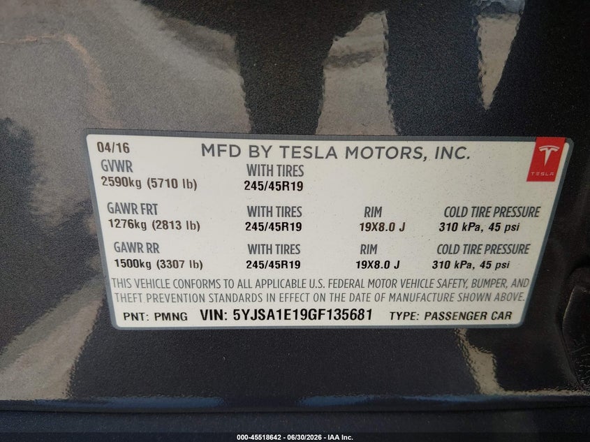 2016 Tesla Model s VIN 5YJSA1E19GF135681 IAAI salvage auction — REAR END, Salvage Title, sold $7,575 on 2026-07-20 (photo 9)