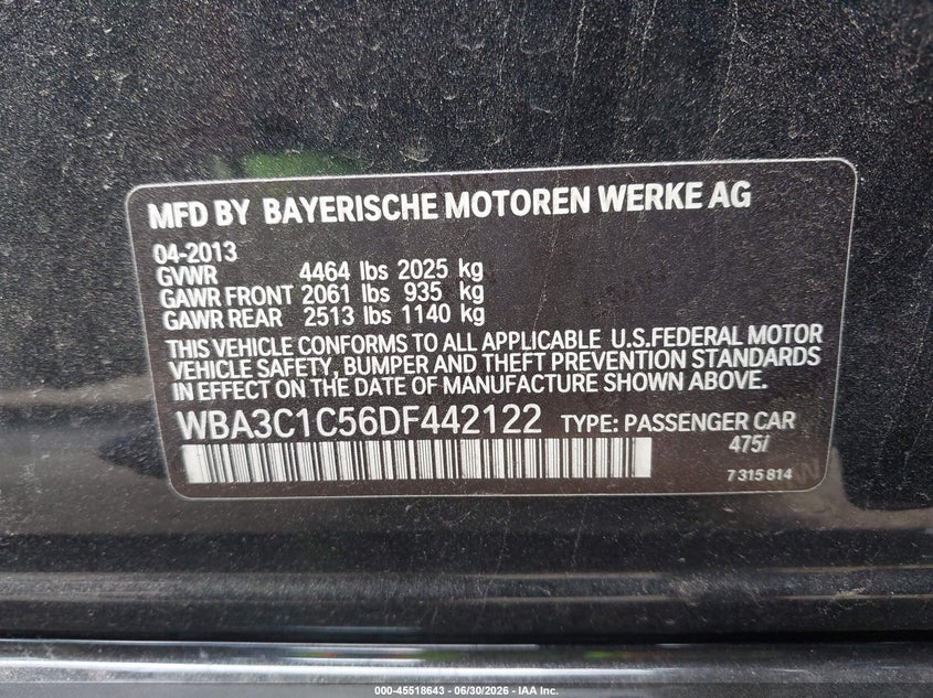 2013 BMW 3er VIN WBA3C1C56DF442122 IAAI salvage auction — RIGHT FRONT, Salvage (California), sold $1,950 on 2026-07-29 (photo 9)