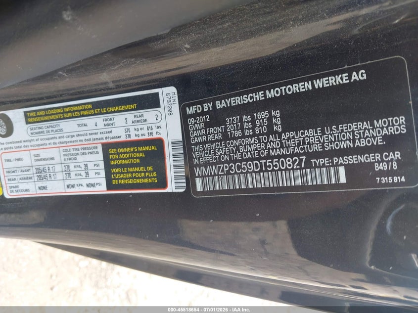 2013 Mini Convertible VIN WMWZP3C59DT550827 IAAI salvage auction — FRONT END, Salvage (Georgia), sold $900 on 2026-08-12 (photo 9)