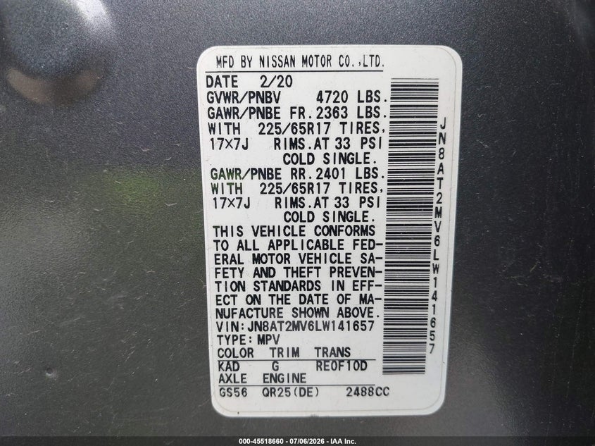 2020 Nissan Rogue VIN JN8AT2MV6LW141657 IAAI salvage auction — FRONT & REAR, Mv-907A (New York), sold $25 on 2026-07-30 (photo 9)