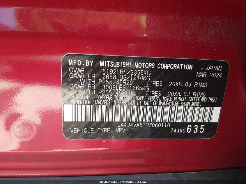 2024 Mitsubishi Outlander VIN JA4J4VA81RZ060110 IAAI salvage auction — RIGHT SIDE, Enterprise Vehicles Clear Only (Ohio), sold $12,100 on 2026-07-13 (photo 9)