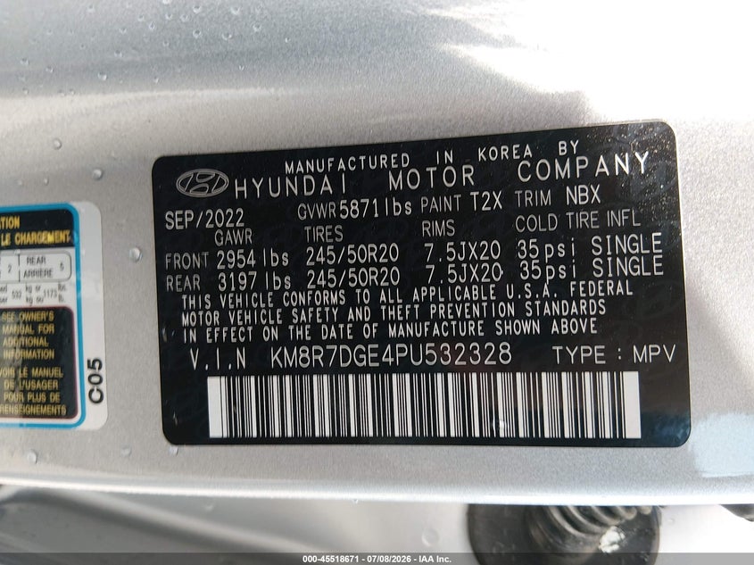 2023 Hyundai Palisade VIN KM8R7DGE4PU532328 IAAI salvage auction — FRONT & REAR, Salvage (Arkansas), sold $10,400 on 2026-07-29 (photo 9)