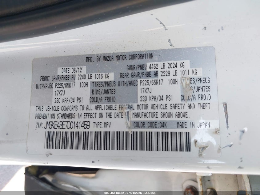 2013 Mazda Cx-5 VIN JM3KE4BE7D0141459 IAAI salvage auction — REAR END, Wait Title, sold $2,450 on 2026-08-29 (photo 9)