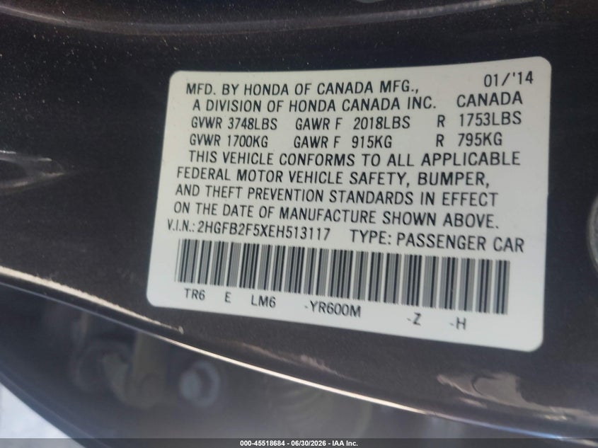2014 Honda Civic VIN 2HGFB2F5XEH513117 IAAI salvage auction — NORMAL WEAR, Salvage Title - Dealer (California), sold $700 on 2026-07-09 (photo 9)