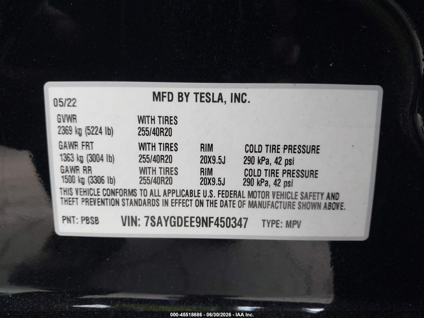 2022 Tesla Model y VIN 7SAYGDEE9NF450347 IAAI salvage auction — RIGHT SIDE, Salvage Title, sold $11,150 on 2026-07-15 (photo 9)
