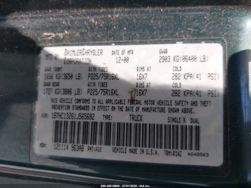 2001 Dodge Ram 1500 VIN 1B7HC13Z61J565682 IAAI salvage auction — NORMAL WEAR, Clear (Florida), sold $275 on 2026-07-09 (photo 9)