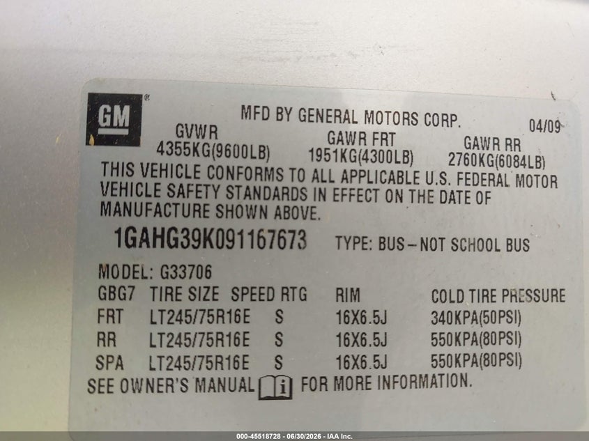 2009 Chevrolet Express 2500 VIN 1GAHG39K091167673 IAAI salvage auction — NORMAL WEAR, Clear (North Carolina), sold $8,200 on 2026-07-08 (photo 9)
