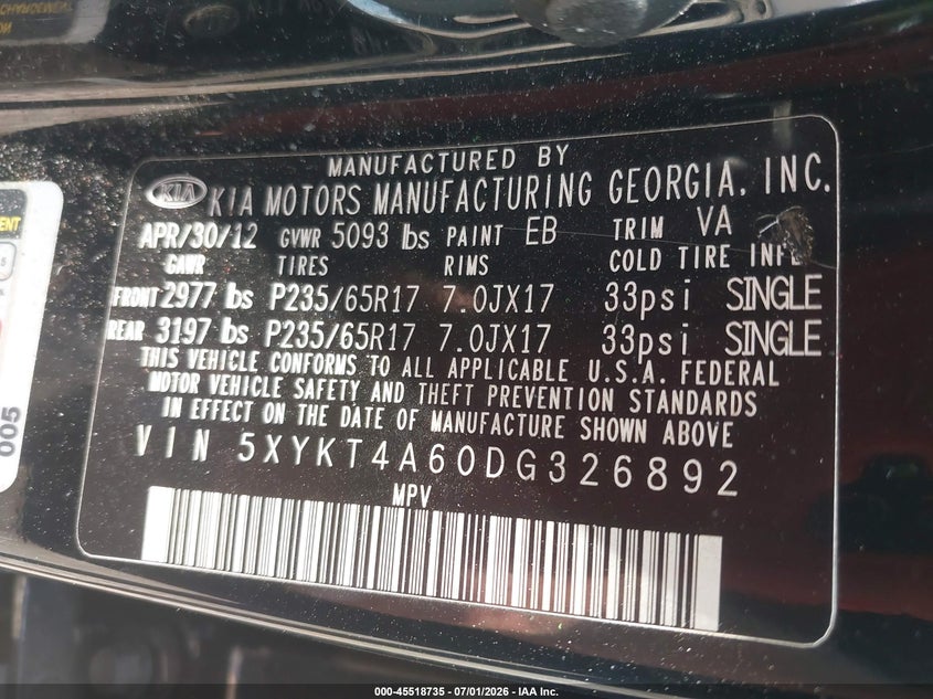 2013 Kia Sorento VIN 5XYKT4A60DG326892 IAAI salvage auction — FRONT END, Salvage (Alabama), sold $350 on 2026-07-28 (photo 9)