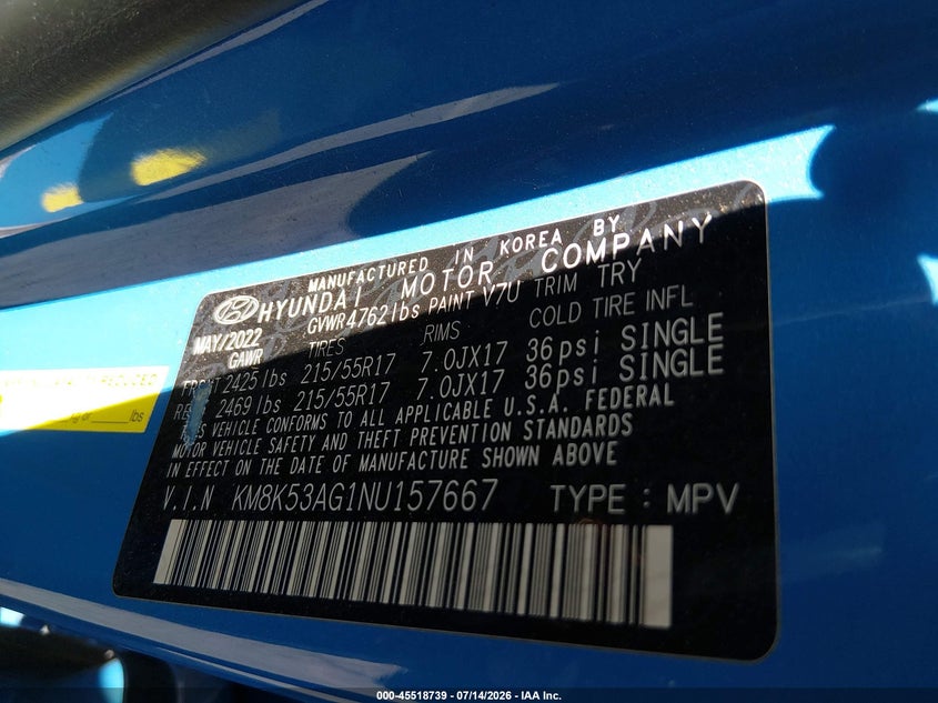 2022 Hyundai Kona VIN KM8K53AG1NU157667 IAAI salvage auction — RIGHT FRONT, Salvage Title, sold $4,250 on 2026-07-31 (photo 9)