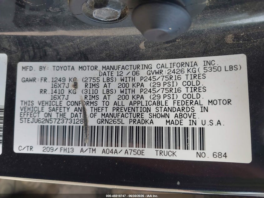 2007 Toyota Tacoma VIN 5TEJU62N57Z373128 IAAI salvage auction — ROLLOVER, Salvage (California), sold $1,300 on 2026-07-21 (photo 9)