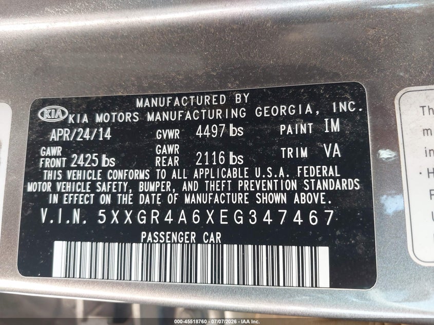 2014 Kia Optima VIN 5XXGR4A6XEG347467 IAAI salvage auction — NORMAL WEAR, Original (Texas), sold $1,250 on 2026-07-16 (photo 9)