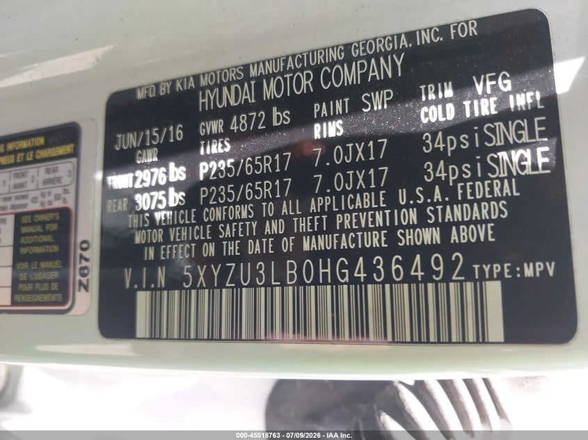 2017 Hyundai Santa fe VIN 5XYZU3LB0HG436492 IAAI salvage auction — FRONT END, Original (Texas), sold $1,800 on 2026-07-23 (photo 9)