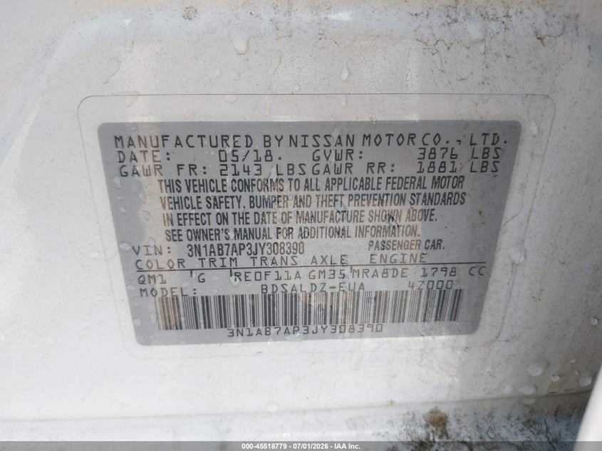 2018 Nissan Sentra VIN 3N1AB7AP3JY308390 IAAI salvage auction — FRONT END, Clear (Indiana), sold $1,500 on 2026-07-26 (photo 8)