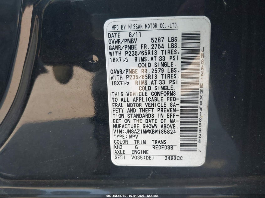 2011 Nissan Murano VIN JN8AZ1MWXBW185824 IAAI salvage auction — NORMAL WEAR, Clear (Pennsylvania), sold $550 on 2026-07-24 (photo 9)