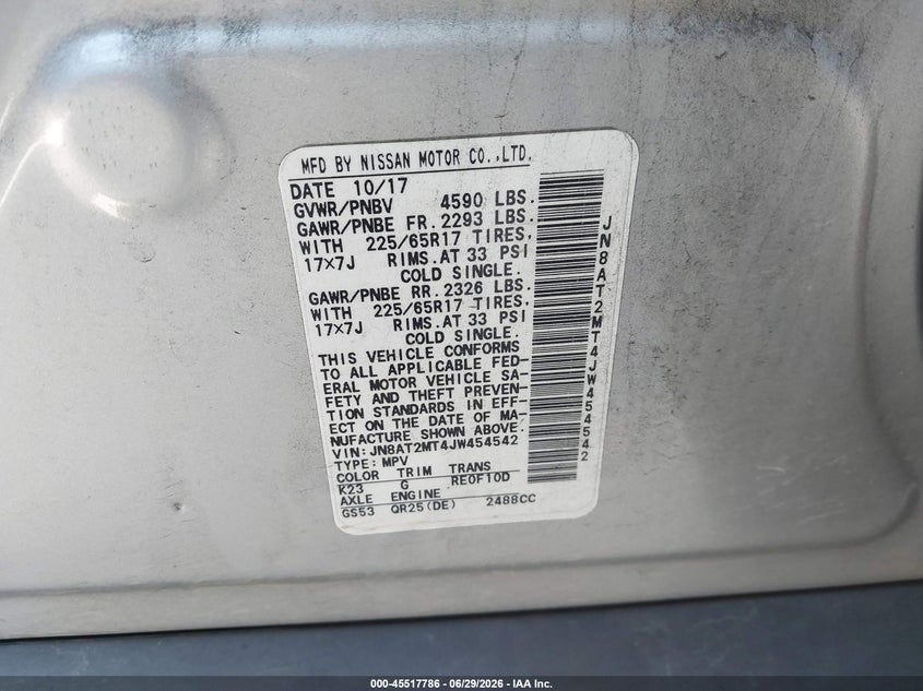 2018 Nissan Rogue VIN JN8AT2MT4JW454542 IAAI salvage auction — FRONT END, Salvage Title, sold $2,150 on 2026-07-23 (photo 9)