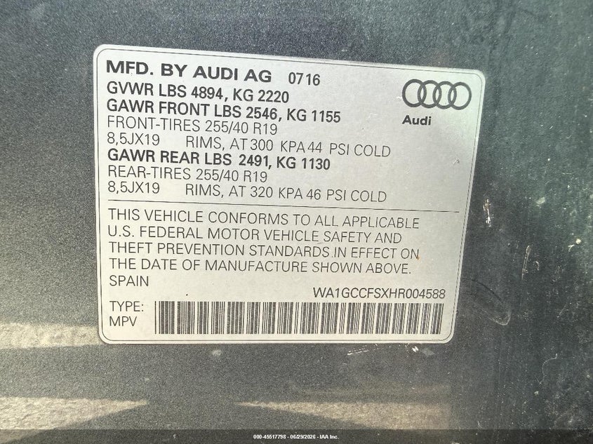 2017 Audi Q3 VIN WA1GCCFSXHR004588 IAAI salvage auction — FRONT END, Clear (Virginia), sold $4,700 on 2026-07-29 (photo 9)