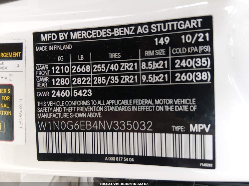 2022 Mercedes-benz VIN W1N0G6EB4NV335032 IAAI salvage auction — FRONT END, Bill Of Sale (Washington), sold $1,050 on 2026-07-29 (photo 9)