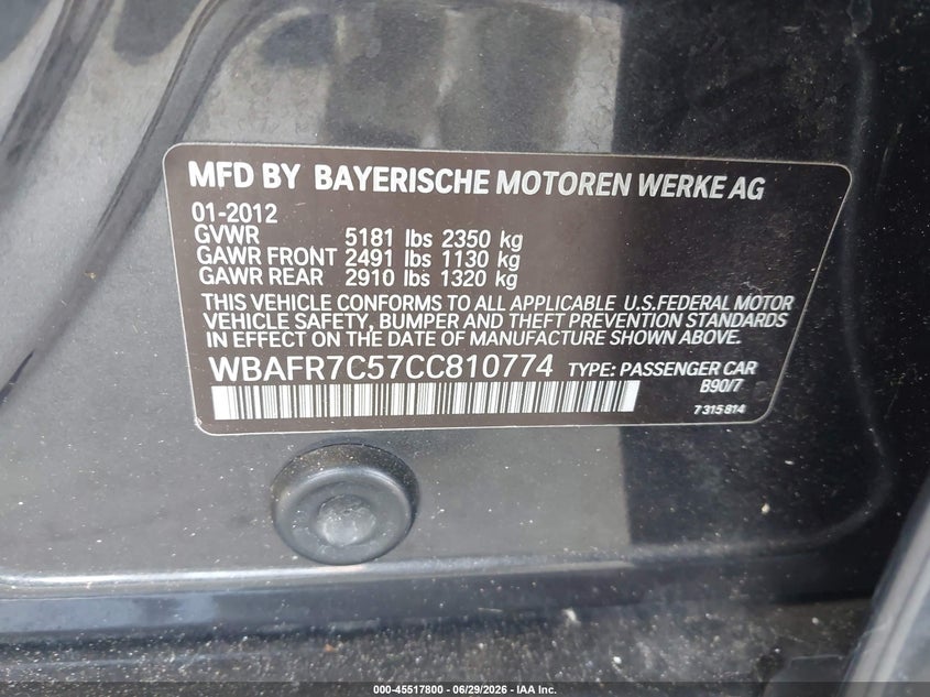 2012 BMW 5 series VIN WBAFR7C57CC810774 IAAI salvage auction — NORMAL WEAR, Clear (Florida), sold $425 on 2026-07-28 (photo 9)