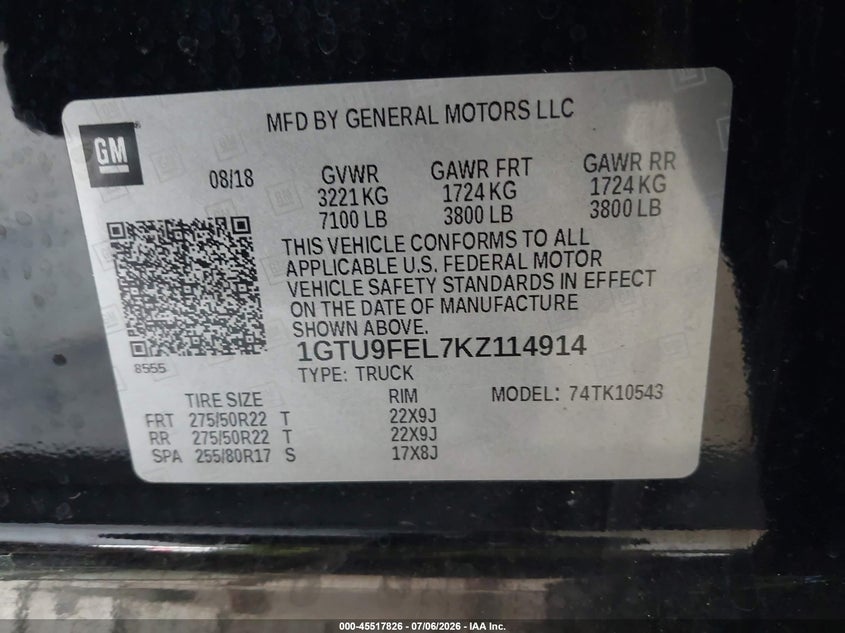 2019 Gmc SIERRA VIN 1GTU9FEL7KZ114914 IAAI salvage auction — FRONT END, Salvage (North Carolina), sold $13,000 on 2026-07-31 (photo 9)