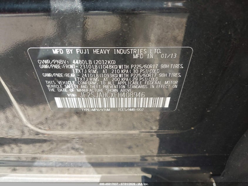 2014 Subaru Forester VIN JF2SJAHCXEH408946 IAAI salvage auction — FRONT END, Salvage (Pennsylvania), sold $800 on 2026-07-21 (photo 9)