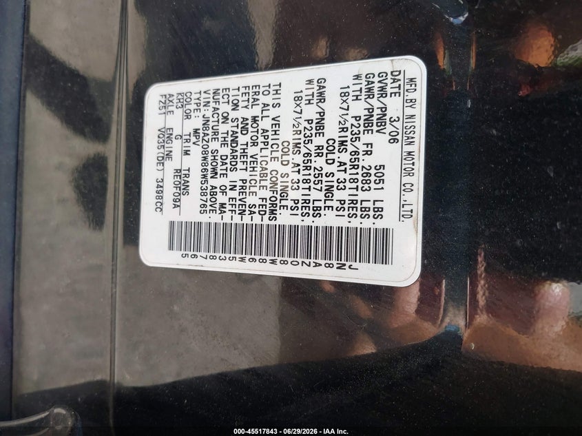 2006 Nissan Murano VIN JN8AZ08W86W538765 IAAI salvage auction — NORMAL WEAR, Clear (Maryland), sold $250 on 2026-07-21 (photo 9)