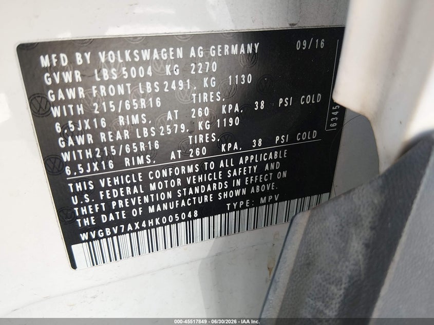 2017 Volkswagen Tiguan VIN WVGBV7AX4HK005048 IAAI salvage auction — REAR END, Salvage Title, sold $875 on 2026-07-30 (photo 9)